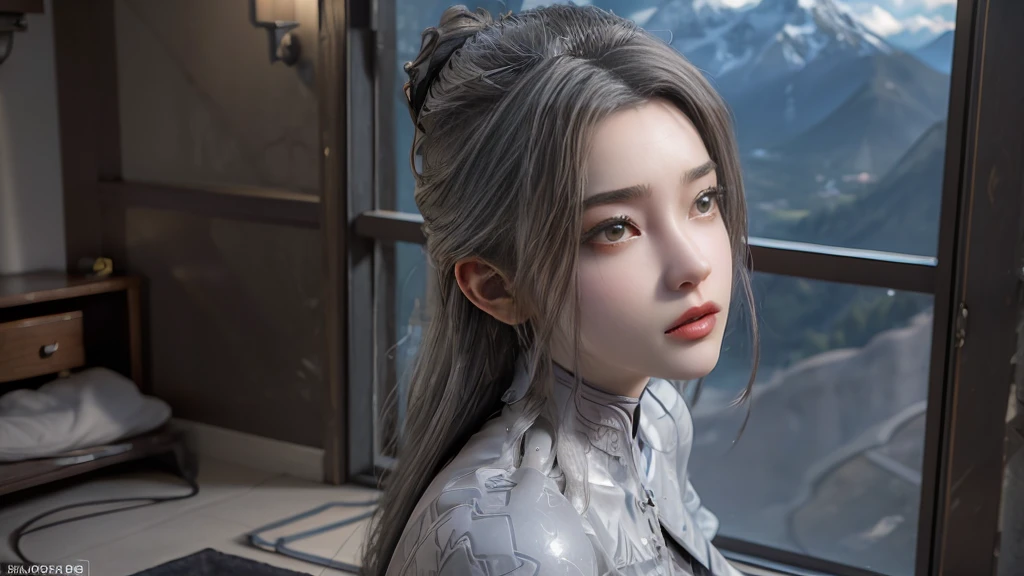 masterpiece,Game Art,Best picture quality,Maximum resolution,8k,(Upper Body),Unreal Engine 5 rendering works,(Digital Photography),(The girl looks at you lovingly,The smile is beautiful),Short hair details,(The eyes are very delicate),(With long gray hair:1.4),(Perfect body),(Bright dress),(background:mountain peak),light,night,Ray Tracing,RAW photos,((3D Unreal Engine)),OC rendering reflection mode