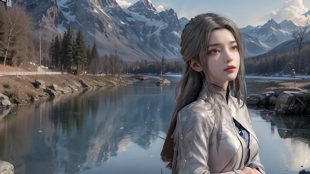 masterpiece,Game Art,Best picture quality,Maximum resolution,8k,(Upper Body),Unreal Engine 5 rendering works,(Digital Photography),(The girl looks at you lovingly,The smile is beautiful),Short hair details,(The eyes are very delicate),(With long gray hair:1.4),(Perfect body),(Bright dress),(background:mountain peak),light,night,Ray Tracing,RAW photos,((3D Unreal Engine)),OC rendering reflection mode