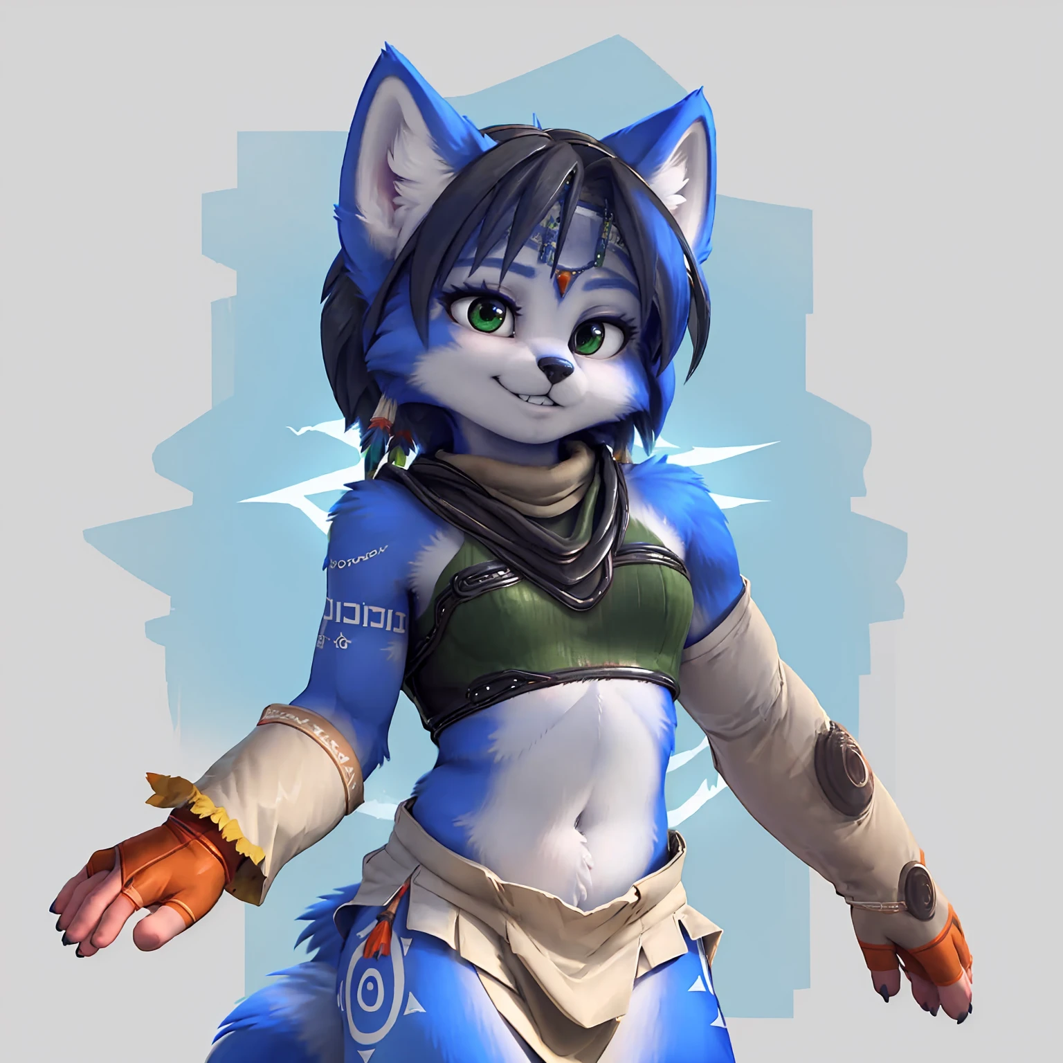 A beautiful and detailed (sweet picture) wa ((krystal)), Star Fox Krystal, sslim, lovable, green eyes, medium breasts, (((Long blue hair 1.3))),  ((Tips for black hair)), Decollete, grin, look up,, anthro, furry, Uploaded E621, detailed fluffy fur, (wa Fluff-Kevlar, Bayard Wu, personalize me, Pino Daeni), detailed face, (fluffy), 1 girl, alone, (((Tribal clothing:1.3))), ((leather breastplate)), sweet girl, alone,
