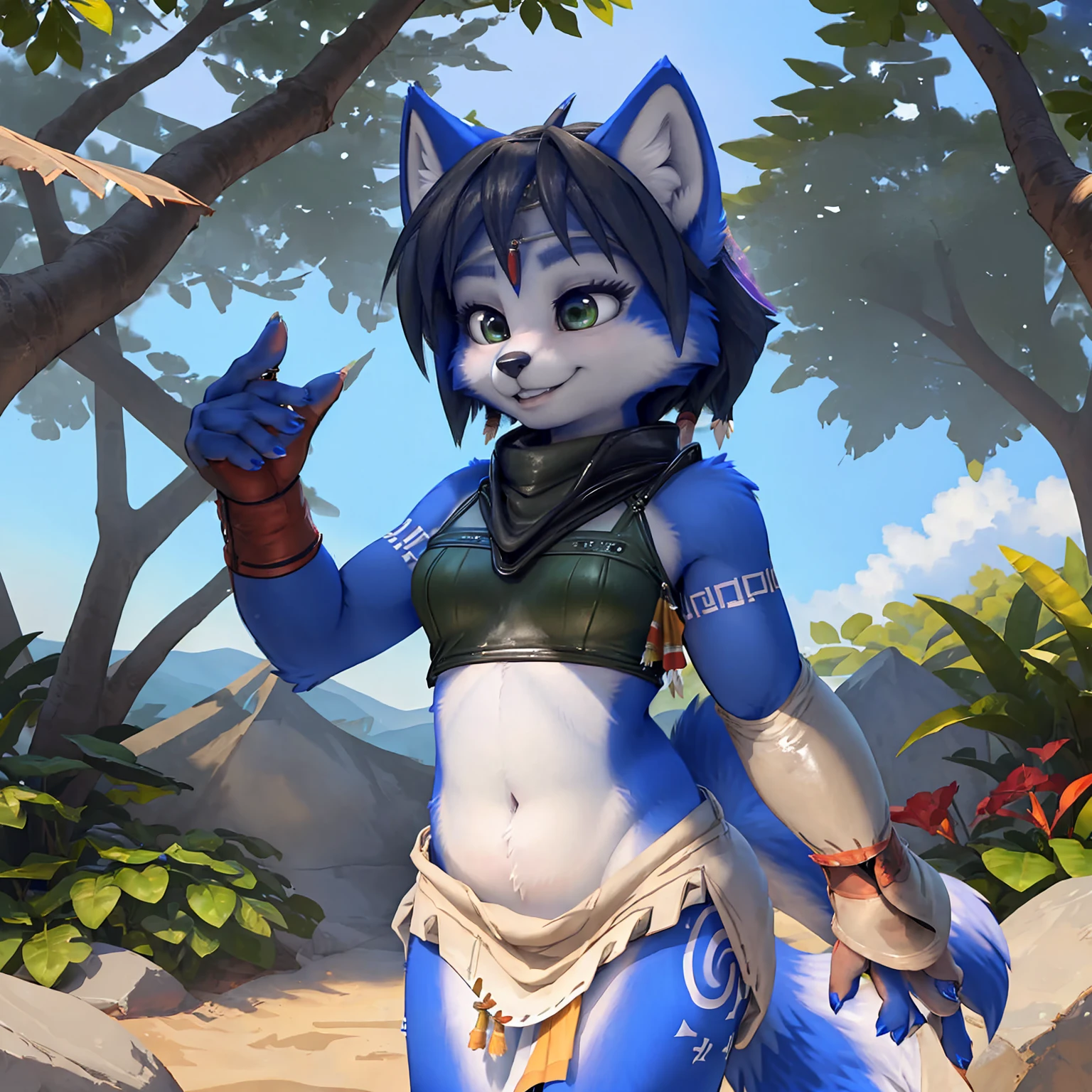 A beautiful and detailed (sweet picture) wa ((krystal)), Star Fox Krystal, sslim, lovable, green eyes, medium breasts, (((Long blue hair 1.3))),  ((Tips for black hair)), Decollete, grin, look up,, anthro, furry, Uploaded E621, detailed fluffy fur, (wa Fluff-Kevlar, Bayard Wu, personalize me, Pino Daeni), detailed face, (fluffy), 1 girl, alone, (((Tribal clothing:1.3))), ((leather breastplate)), sweet girl, alone,
