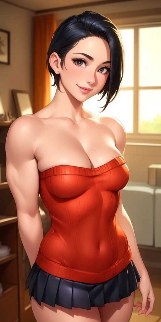 (best quality, ultra-detailed, photorealistic: 1.39), bright and vibrant colors, studio lighting, romantic expression, love smile, Beautiful red strapless sweater with pleated skirt, light fabric, undercut platinum bobcut black hair, small breasts, fit, muscular, short hair, mercenary, front pose, cleavage