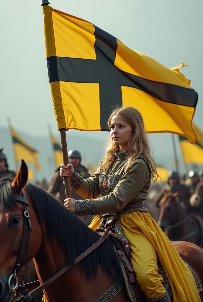 A girl holds the banner with the Swedish-style flag on her horse during the war, with an elongated cross from left to right, with the yellow background and the black cross.
