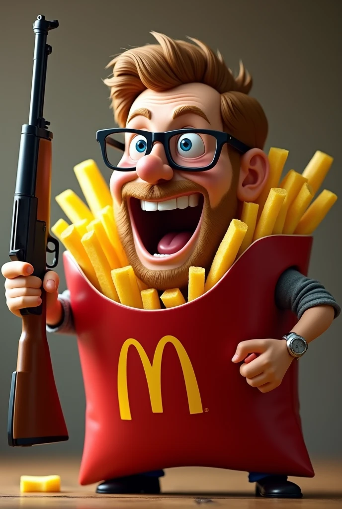 POTATO FRIES CHARACTER, INSIDE THE POTATO FRIES BAG, SMILING, WITH HIS FACE IN THE POTATO BAG, WITH AK 47, WITH BLACK GLASSES, EXCITED
