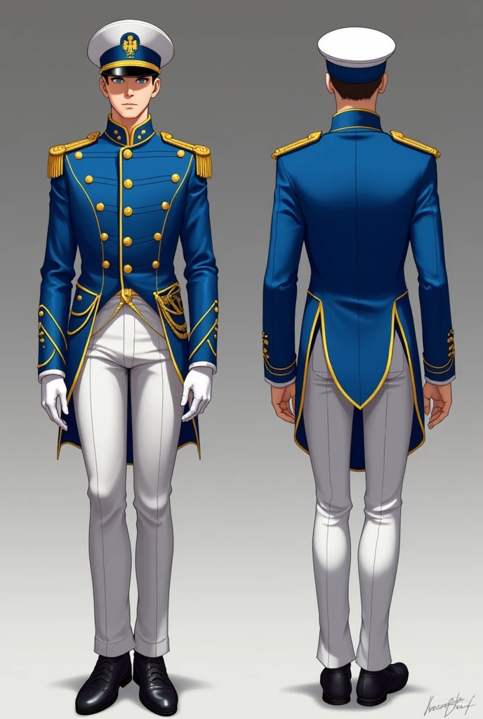 Make a drum and lyre corps uniform or costume for male and female. The color should be strictly a combination of blue white and yellow. Show front view, side view, and back view. The color of pants for male and skirt for female should be strictly white.