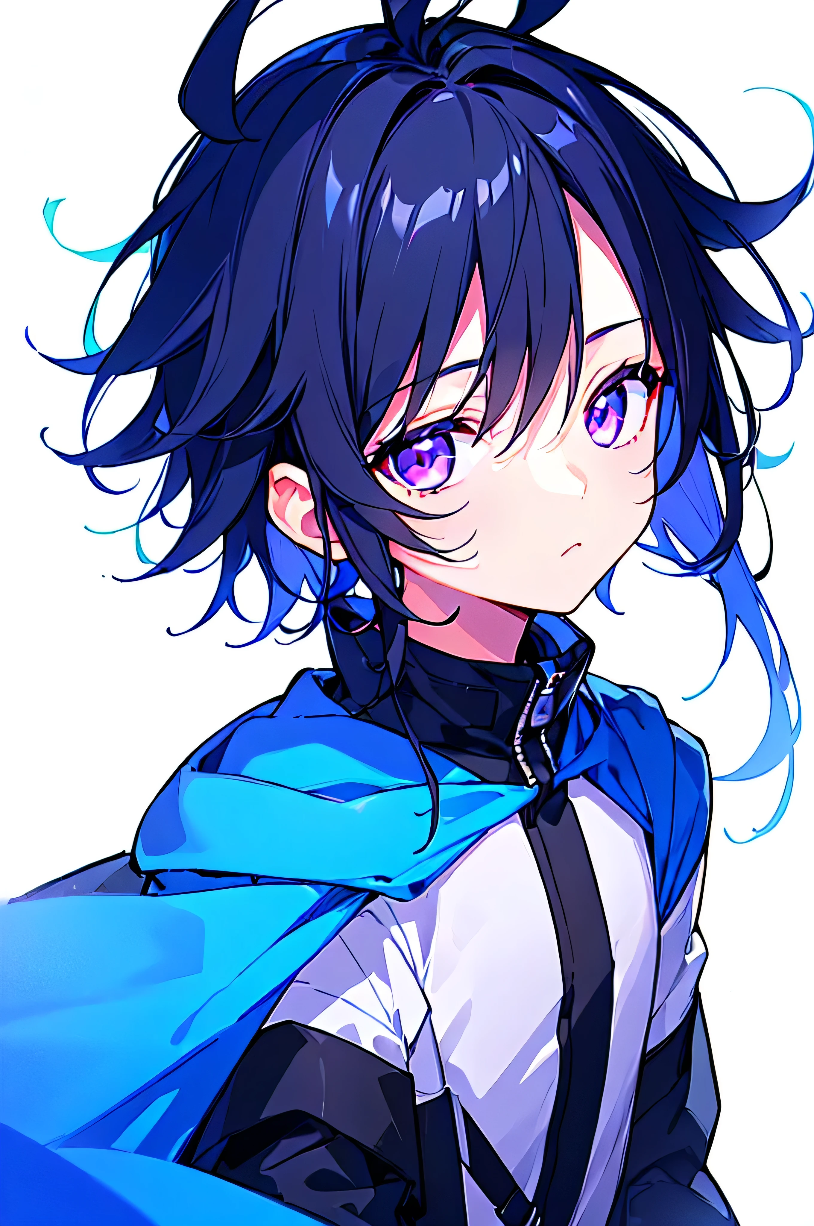 [(WHITE BACKGROUND:1.5),::5], ((((masterpiece)))), high quality, ultra very high resolution, full color, (((solo))), (((little boy))), men's black hair, ((blue inner hair)), ((purple eyes)), anime, ((upper body)), neon light, black parka, 
