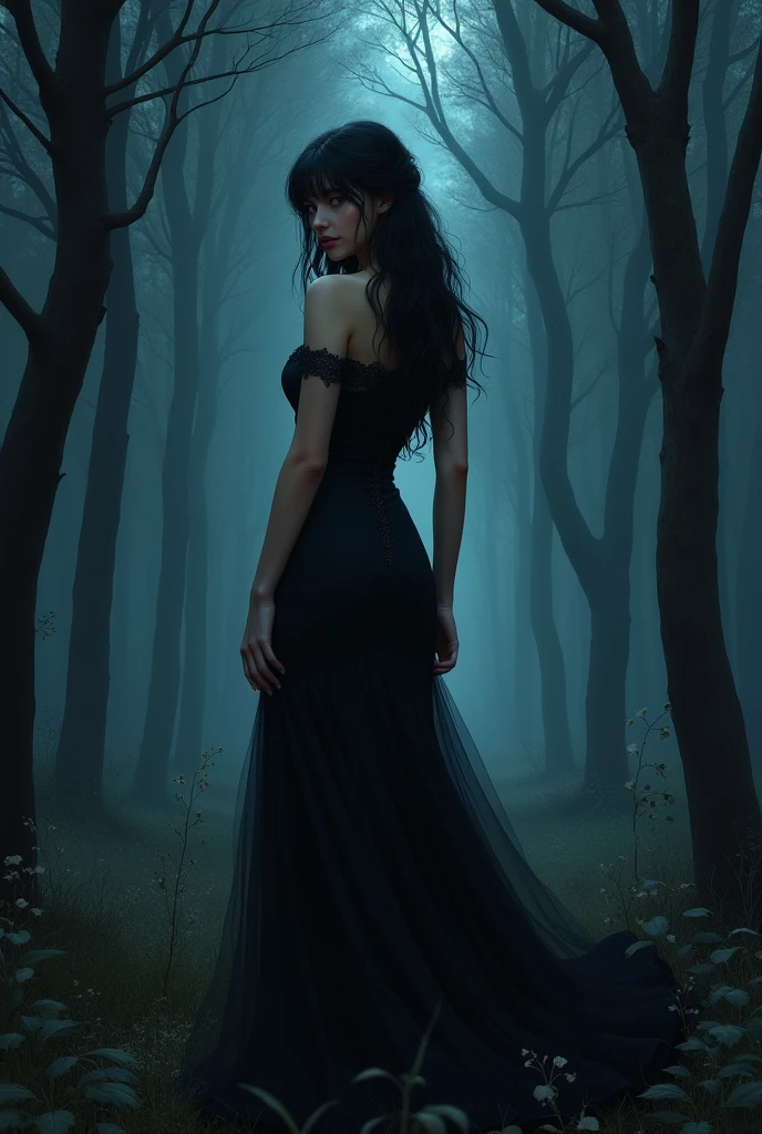 A beautiful Italian 18 year old girl with black hair, blue eyes, dressed in a black gown, slim waist, hourglass figure, highly detailed illustration, walking through a dark forest at midnight, deep focus, d & d, fantasy, intricate, elegant, highly detailed, digital painting, artstation, concept art, sunset, matte, sharp focus, ultrarealistic, shot in the style of Wes Anderson, Mysterious and seductive atmosphere