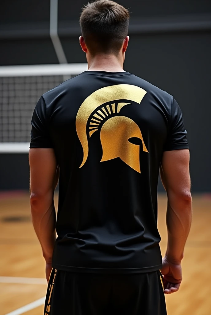 Create a black volleyball uniform shirt with gold,with large emblem on the back of the Spartans' helmet from the front