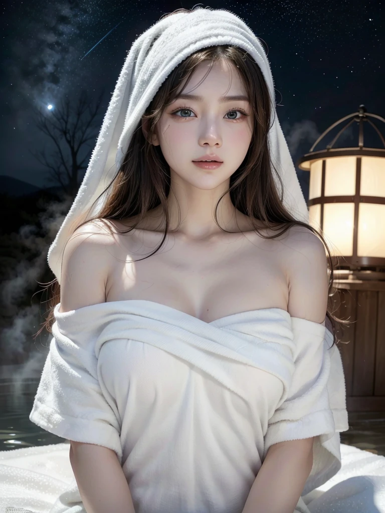 masterpiece、Highest quality、in 8K、(Photorealistic: 1.4)、(Depth of written boundary:1.2)、Ultra-detailed、High resolution、In detail、solo、(1 Female:1.2)、(Realistic Skin:1.2)、Beautiful woman、Perfect figure、Highly detailed eyes and face、Very detailed and beautiful eyes、Laughter:1.3、(Cover yourself with a large, thin white towel、Strapless:1.2)、(Geyser, hot spring:1.2)、(hot springに腰まで浸かっている:1.3),Nighttime hot springs,Starry Sky,