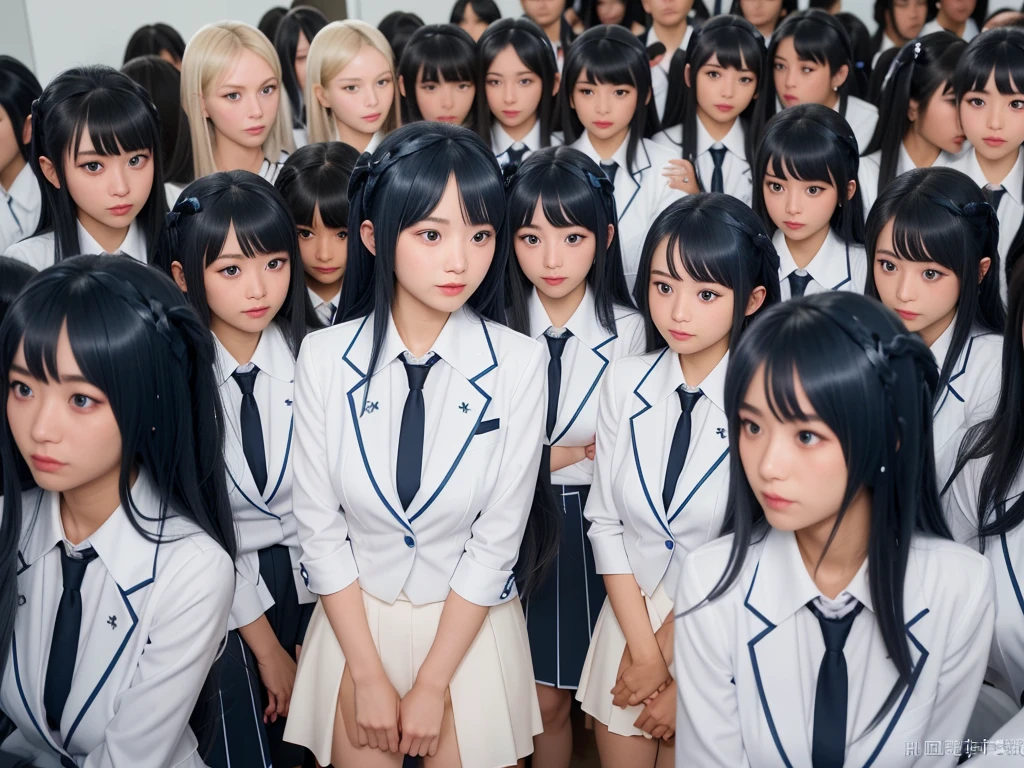 (((Clone Art、Very detailed depiction of a female avatar、8k: 1.5)))、Realistic、((16 years old))、((日本人のhigh school girl))、high school girl、((high school girl))、Beauty、woman、((Summer uniform、blue、White shirt、Skirt is light blue、White Pantyhose、Black leather shoes: 1.9))、((Black Hair、ponytail、Japan Eyes、smile: 1.9))、Beautiful Skin、Big Breasts、((There are many cloned humans who have the exact same face and body shape as the high school girl: 1.8))、Enclosure、数万人のhigh school girl、Standing、sitting、((crowd、Group、Intensive))、(((top view)))