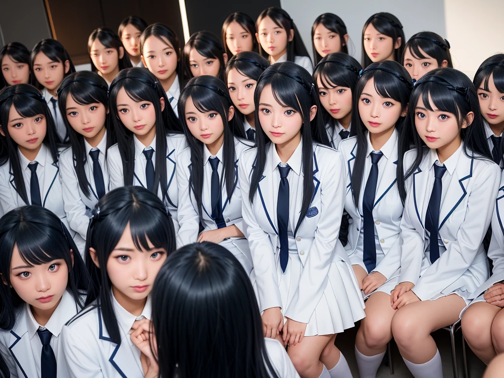 (((Clone Art、Very detailed depiction of a female avatar、8k: 1.5)))、Realistic、((16 years old))、((日本人のhigh school girl))、high school girl、((high school girl))、Beauty、woman、((Summer uniform、blue、White shirt、Skirt is light blue、White Pantyhose、Black leather shoes: 1.9))、((Black Hair、ponytail、Japan Eyes、smile: 1.9))、Beautiful Skin、Big Breasts、((There are many cloned humans who have the exact same face and body shape as the high school girl: 1.8))、Enclosure、数万人のhigh school girl、Standing、sitting、((crowd、Group、Intensive))、(((top view)))