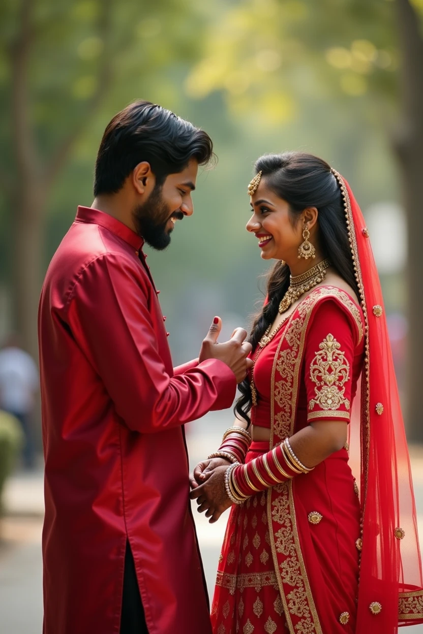 Image of A beautiful indian girl wearing red ssaaree being proposed by a beautiful indian boy