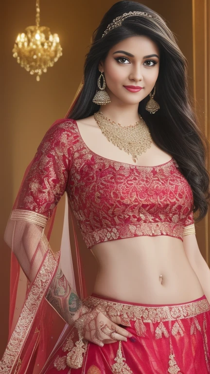 (best quality,4k,8k,highres,masterpiece:1.2),ultra-detailed,(realistic,photorealistic,photo-realistic:1.37) 4K, UHD, masterpeice, 1 girl, good face, detailed eyes, detailed lips, very long hair, straight hair, very long hair, beautiful hair, hair ornaments, hairband, gradient hair, ((red lehenga)), ((bridal lehenga)), ((decorated blouse)), sardine, ((jwellery on lehenga)), ((red lace)), ornaments, necklace, earring, high lighting, ((bare stomach)), wedding stage, fujicolor, depth of field, ray tracing, ultra realistic detail,