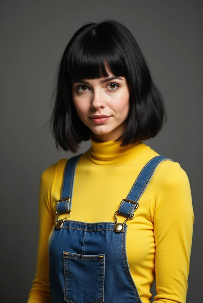 Short black-haired woman dressed as a Minion