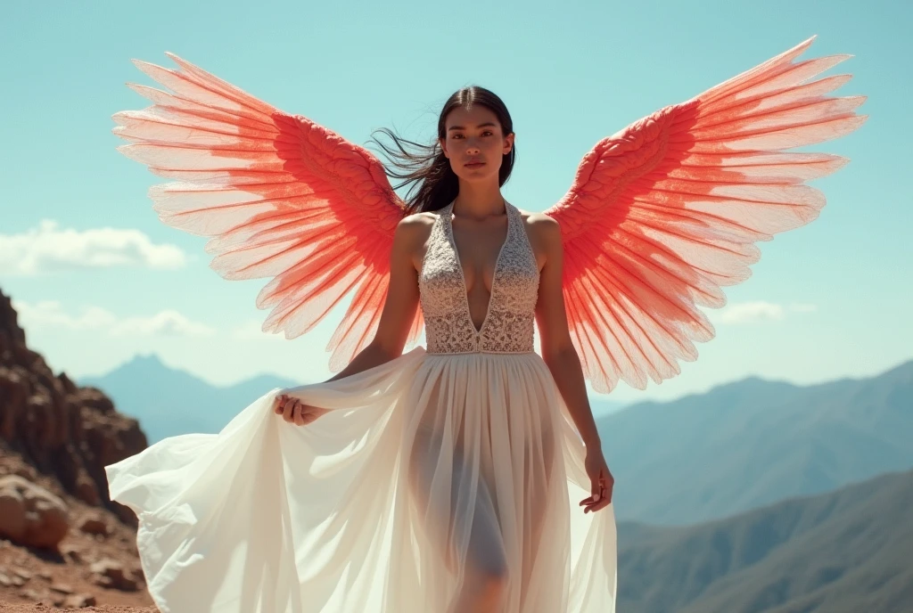 Naked, nude, topless, A woman wearing a shawl made of used plastic, highlighting large and sexy breasts, soft transparent red and white colour with red and white motifs, with wings like Indonesian garuda, holding a spear, elegant minimalist classic design, wearing a very long white skirt with patterns, above the sky, flying on top of mountains, hovering, with a shooting angle from the front, very realistic, (complex detail: 0.9), (hdr, hyperdetail: 1.2), RAW, Sony Alpha a9 II, 24-105mm f/4, HDR,