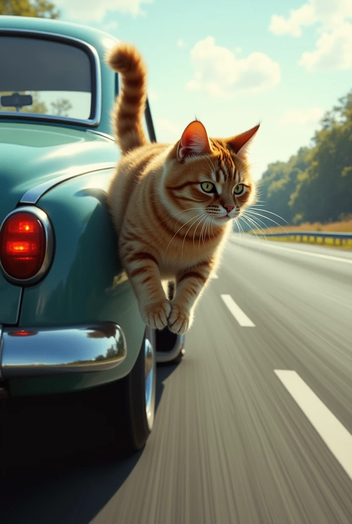 A cat spinning at high speed on the bumper of a moving car