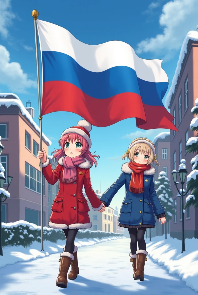Anime girls in the snow in the city of Russia with the URRS flag in background 2D Animation
No errors in flag, no bad animation