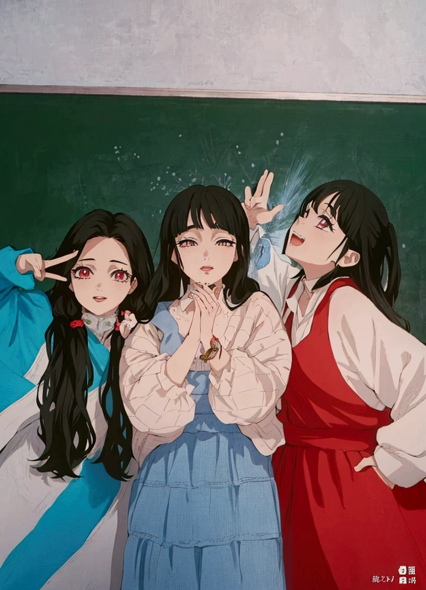 demon slayer style, three girls posing for a picture in front of a blackboard, ulzzang, perfume, twice, profile pic, 3 colour, jaeyeon nam, cute girls, iu, blackpink, beautiful girls, official artwork, 🚿🗝📝, jinyoung shin, 8k)), 🍁 cute, a picture, 🪔 🎨;🌞🌄, with bangs