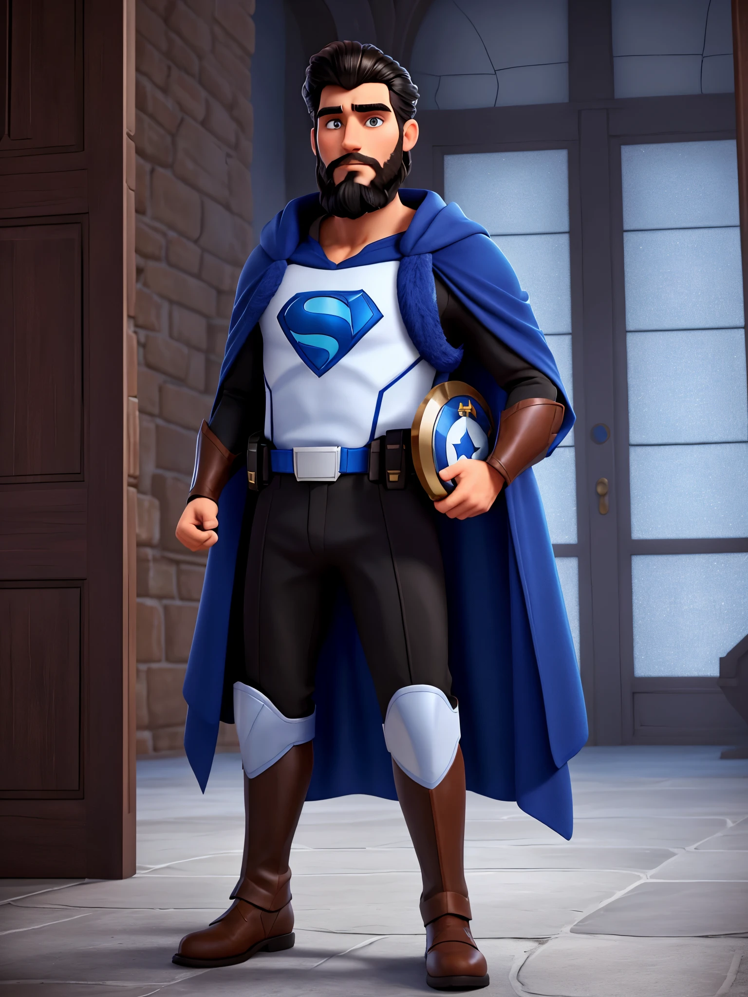 Tall dark-haired man with black hair and beard dressed in a royal blue and white superhero costume and with a shield that says SF