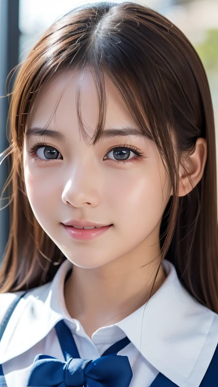 1 girl, So cute, Great face and eyes, (Beautiful lovely smile), (Very detailed美しい顔), Bright and shiny lips, Keep staring at me, so beautiful, (school uniform:1.3), (Highest quality:1.4), (super high quality), (Very detailed), (Surreal, Photorealistic:1.37), Realistic skin texture, 8K wallpaper incorporating highly detailed CG, RAW Photos, Professional photos, Cinema Lighting,one piece