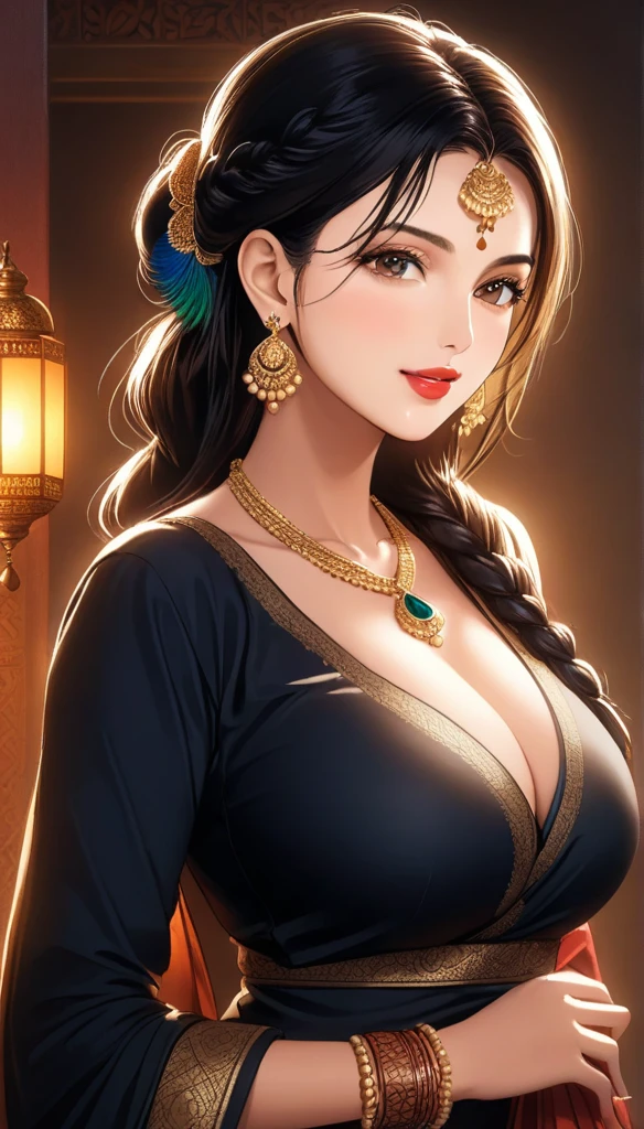 (1woman, mature, single hair braid, plunging neckline silk peacock design kurta, black jeans, intricate large heavy rounded jhumka earrings, detailed alluring eyes, smooth detailed lips, beautiful face, smiling, red lipstick, bangles, saggy breasts, photorealistic, 8k, hyperdetailed, vibrant colors, studio lighting, masterpiece, cinematic composition, dramatic lighting, intricate details, highly realistic skin textures, volumetric lighting, beautiful intricate jewelry, warm color palette, natural lighting, elegant pose, beautiful detailed expression, hyper realistic rendering, seamless blending, flawless skin, glowing skin, delicate features, breathtaking realism, striking composition),tall , necklace, bangles ,full body view, cleavage , mehendi, seductive pose,