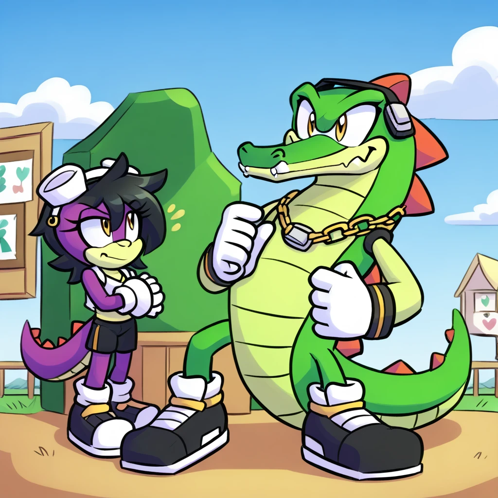 Custom avatar, Vector the alligator, wearing black shorts, looks up in the sky, amused expresson, high quailty, clean,