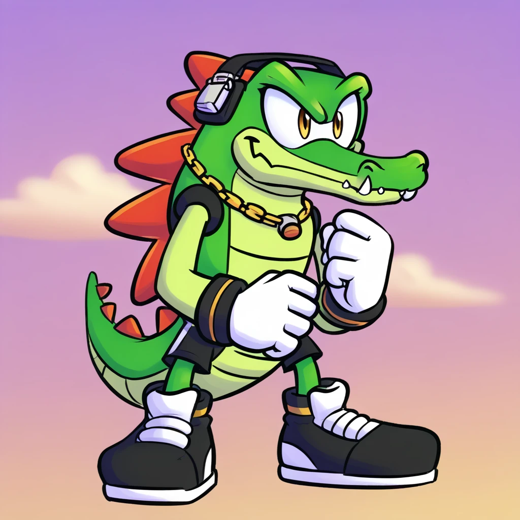 Custom avatar, Vector the alligator, wearing black shorts, looks up in the sky, amused expresson, high quailty, clean,