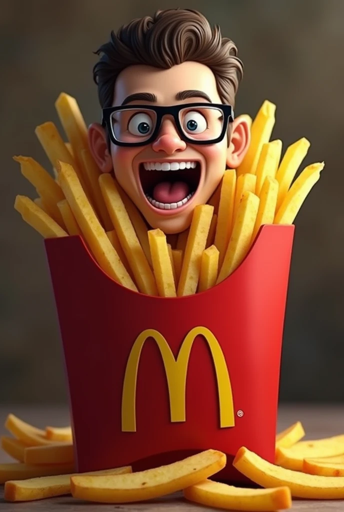 ATO FRIES CHARACTER, INSIDE THE POT FRIES BAG, SMILING WITH HIS FACE IN THE POTATOG, WITH AK 47, WITH BLACK GLASSES, EXCITED WITHOUT A PERSON'S FACE ON THE POTATOES