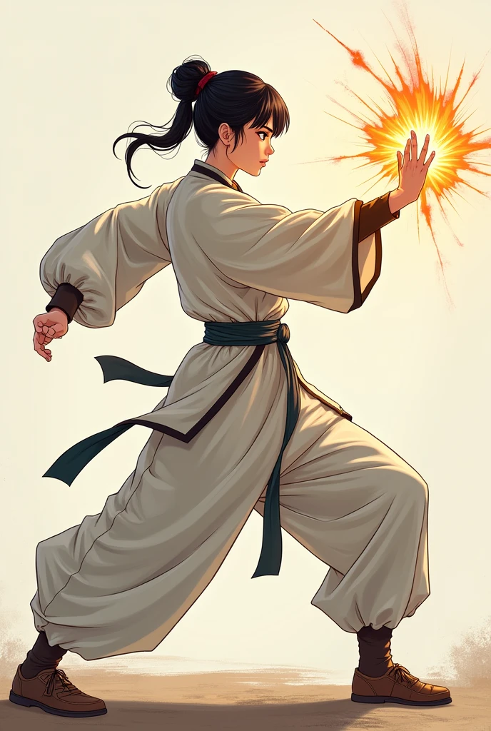 Wing Shun style woman, with special Kung Fu training clothes and straight hair, WITH FIGHTING POSE. アニメ