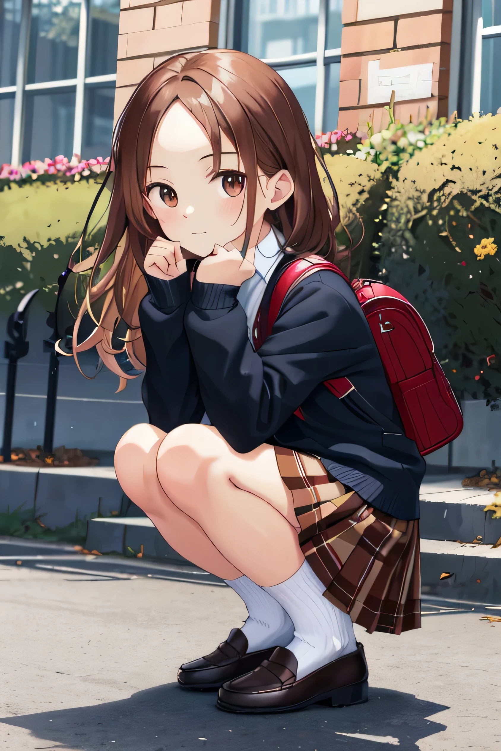 masterpiece, best quality, 1 woman, alone, skirt, bag, outdoors, jacket, squatting, socks, shoes, looking at viewer, 갈색 shoes, , plaid, loafers, blazer, brown hair, plaid skirt, black socks, long sleeves, forehead, open clothes, open jacket, curtsey, brown eyes, pleated skirt, curtseytie, afternoon, long hair, whole body, bush, red curtsey, knee high, shirt, closed mouth, Sleeves past the wrist, backpack, touch one&#39;s face, red curtseytie, black jacket, school bag, blush, plant, brown skirt, Put one&#39;s hand on one&#39;s cheek, hazy, from the side, hand up, looking to the side, collared shirt, miniskirt, white shirt, cardigan, grass, sweater, light smile