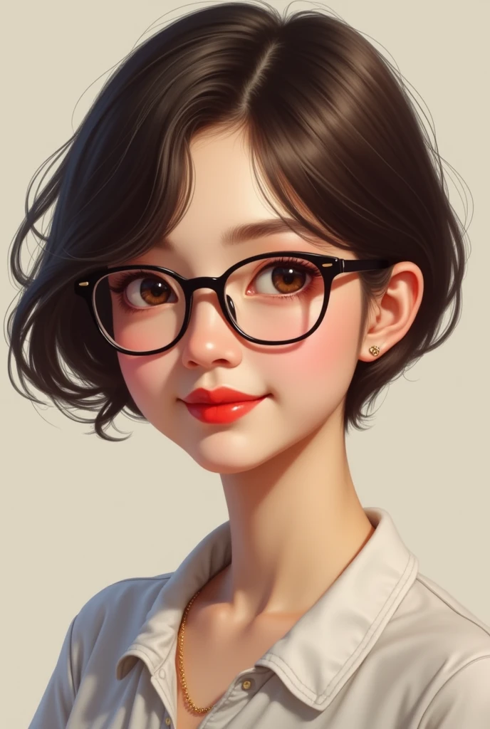 short hair, small eyes with glasses, a tender look, red lips, a round nose and a chubby face at the age of 20 and more realistic.