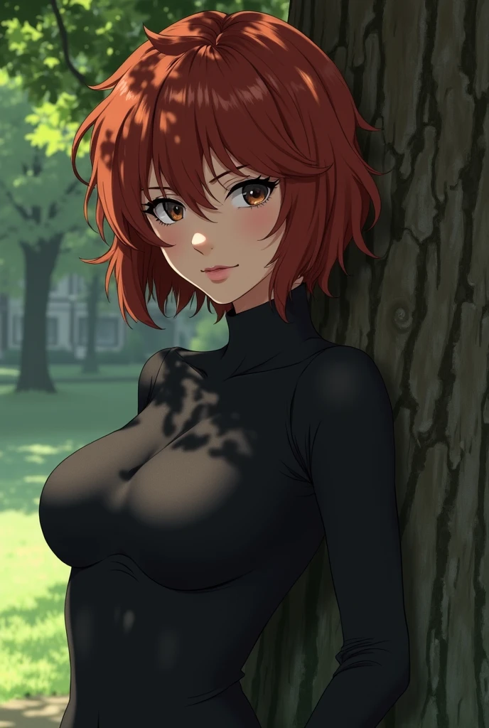 a woman with auburn hair posing in front of a tree, berserk art style, tight black clothes, official hdr illustration, (shorter curly dark hair), neferpitou, still from alita, hyperrealism mixed with 2d, huge covered breasts sfw, by Tōshi Yoshida, character in close-up, (extremely detailed, she