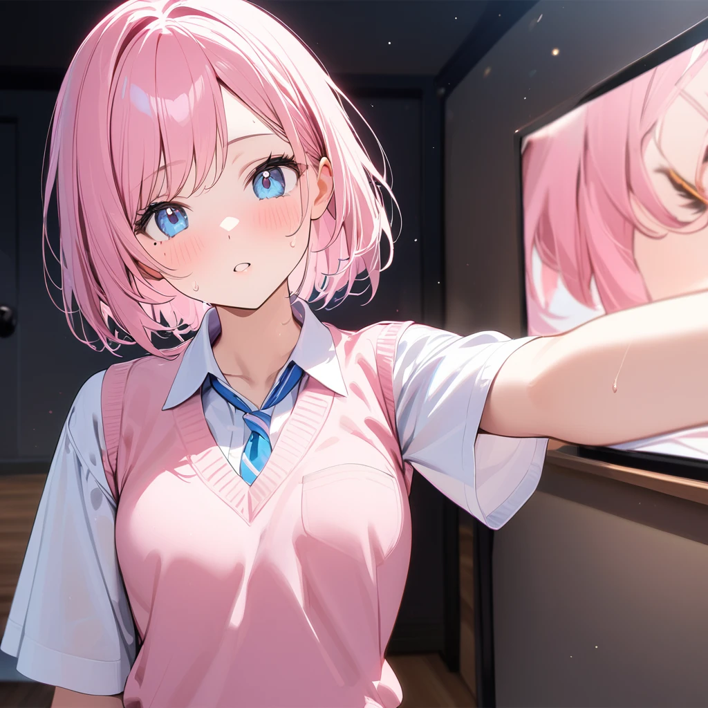 (1 girl),(Best Picture Quality, 8K, Masterpiece:1.3), high school student:1.5, (pink lob hair:1.1), bob cut,swept bangs, cute eyes, pupil black, iris skyblue, youthful face,mole under right eye,standard weight,small breasts,big hip,glistening skin:1.1,pale skin:1.2,sweat, lace pink panties, holding, (holding panties), holding underwear,looking at viewer, outstretched arms, ((stain panties:1.1)), panties removed, pleated skirt, ((presenting panties)), shirt, upper body, ((focus crotch:1.3)),((show crotch:1.3)).