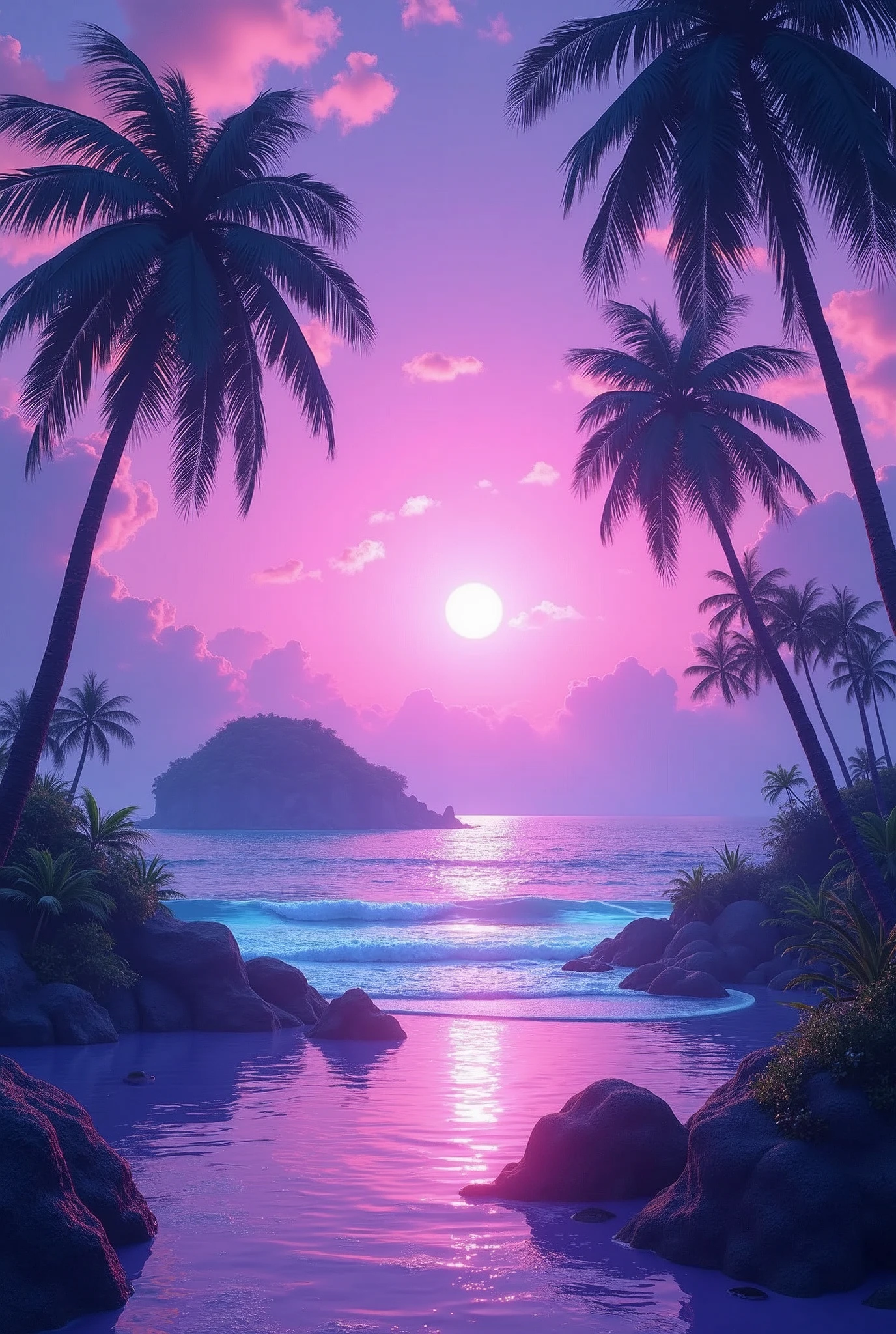 A beautiful vaporwave landscape, palm trees, a serene ocean, a vibrant purple sky with clouds, an island in the distance, a small boat on the water, high quality, ultra-detailed, 8k, hyper-realistic, photorealistic, concept art