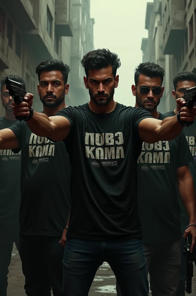 A group of 5 ganster having guns in their hand named AKshay Adi Mayur Naman Vipin Kabir on their t-shirt colour black