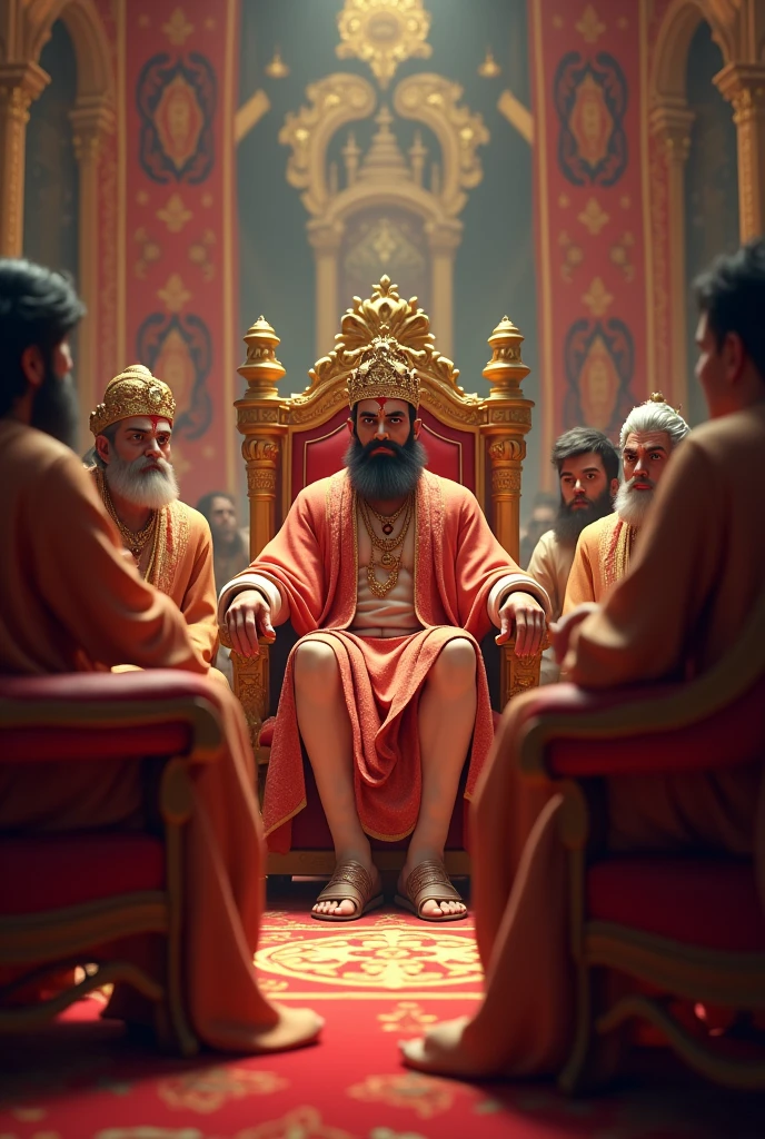 In cinematic 3d cartoon style' 1. **Royal Court Meeting:**
- **Description:** A grand royal court with an ornate throne. King Vardhan, a regal figure in traditional royal attire, sits on the throne. Around him, advisors and courtiers are engaged in a serious discussion. The atmosphere is tense but focused, with elaborate tapestries and luxurious decor in the background.