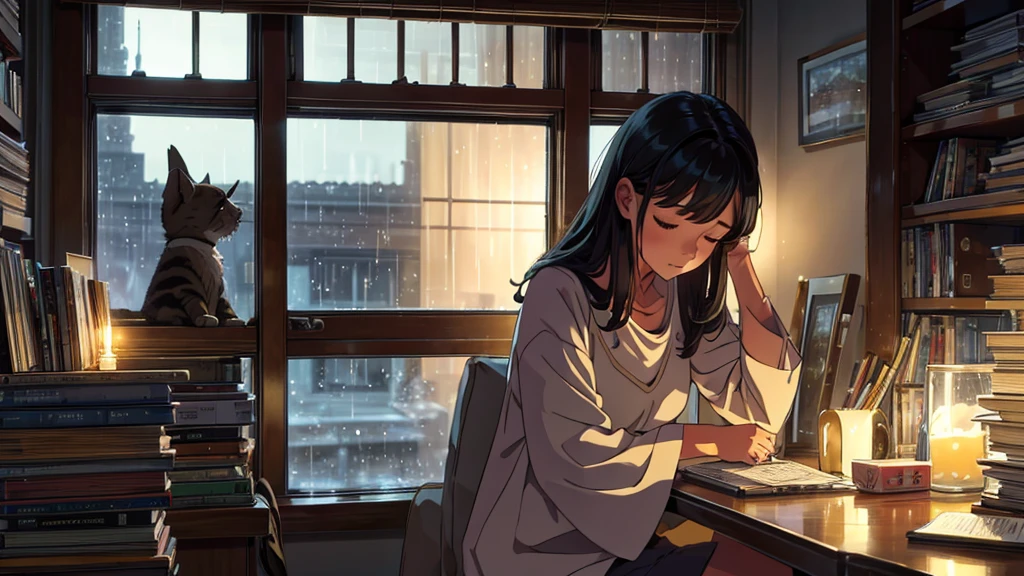 A study environment lit only by candles or soft lights, with stacked books, a cup of tea, a cat sleeping in the background, rain falling on the window and a girl working on a project.