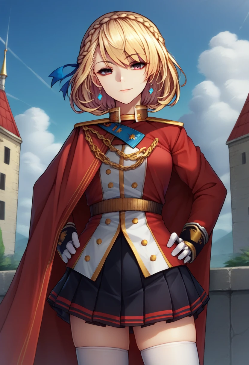 score_9, score_8_up, score_7_up, source_anime, 1girl, IncrsPrncWlsDef, crown braid, french braid, short hair, bangs, hair ribbon, jewelry, earrings, red cape, white gloves, pleated skirt, black skirt, military uniform, white thighhighs, uniform, zettai ryouiki, miniskirt, long sleeves, epaulettes, outdoors, seductive smile, hands on own hips, 