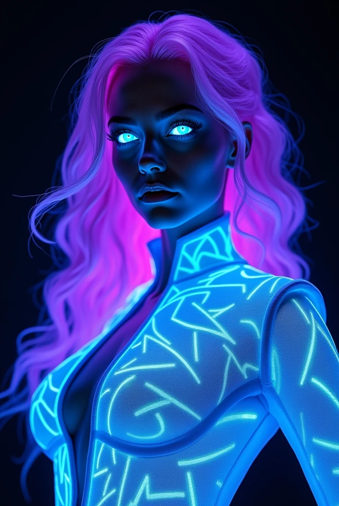 Ultraviolet has glowing skin that shines with a soft blue or violet hue, intensifying under ultraviolet light, and fluorescent hair that changes color depending on the lighting. his suit, tight and elegant, It looks like a layer of pure light, revealing brilliant geometric patterns when exposed to UV light. His eyes shine brightly, reflecting the energy of light that it uses to enhance details and protect others. in combat, Her presence is majestic and her ability to change with the light makes her an imposing and protective figure..