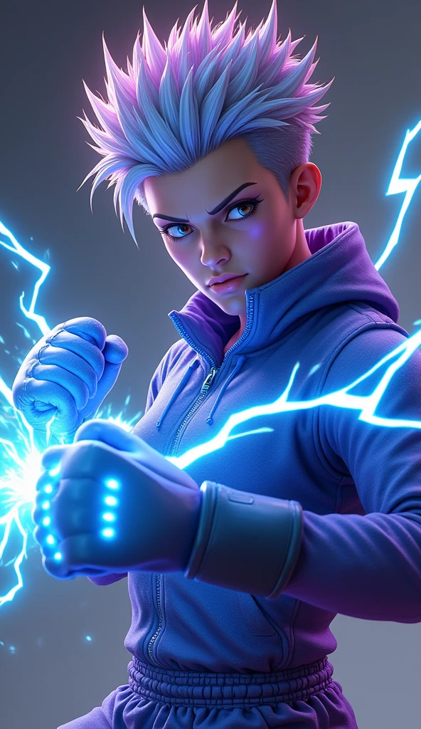 a kickboxing champion with electric control techniques, modern combat attire inspired by shades of blue and purple with luminous electric details, special gloves amplifying her electric attacks, medium height athletic physique with a determined expression, short spiked hair with colored strands that glow during electric power use, intense eyes and a facial scar, a dynamic combat style combining swift kicks and powerful electric attacks, ultra-detailed 8k CG wallpaper, masterpiece