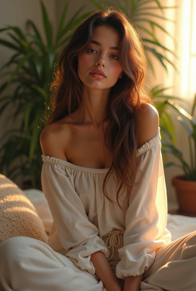 (photorealism:1.2), beautiful woman, sitting on bed, wearing loose off-shoulder top, pajama pants, long curly hair, indoors, soft lighting, plants in background, window with sunlight, cozy room, relaxed pose, realistic, intricate details, warm colors, by Greg Rutkowski, by Alphonse Mucha