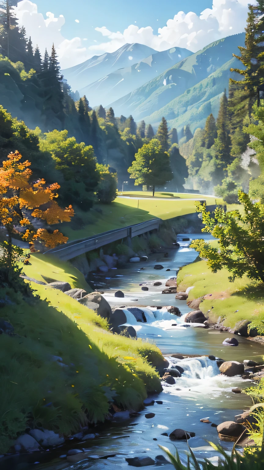 Design a peaceful mountain landscape bathed in soft morning light, with rolling green hills and majestic peaks covered in lush vegetation. The sky is a gentle pastel gradient, blending soft pinks and oranges as the sun rises. A clear, winding river flows gently through the valley, reflecting the vibrant greenery. The mountains are dotted with vibrant wildflowers and tall, graceful trees, their leaves rustling in a light breeze. A wooden bench is placed on a grassy overlook, offering a perfect spot to take in the serene view. Birds soar gracefully above, adding to the tranquil ambiance