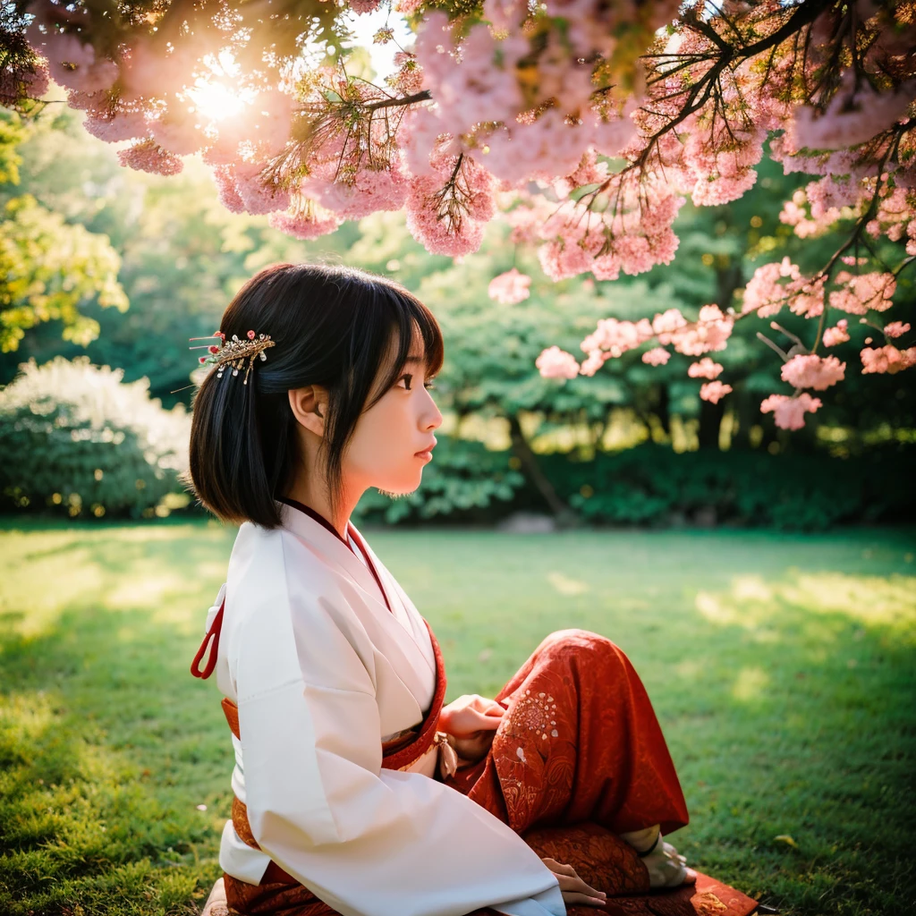  A Japanese samurai girl is sitting under a shady tree., side view, sunrise: Sony A7R IV camera with a Canon RF 15-35mm f/2.8L IS USM lens, Documentary: Canon EOS C300 Mark III with Canon CN-E 24mm T1.5 L F lens