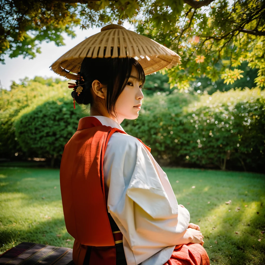  A Japanese samurai girl is sitting under a shady tree., side view, sunrise: Sony A7R IV camera with a Canon RF 15-35mm f/2.8L IS USM lens, Documentary: Canon EOS C300 Mark III with Canon CN-E 24mm T1.5 L F lens