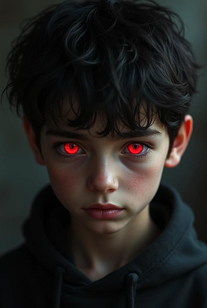 A boy with red eyes with a close up background 