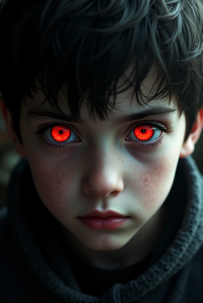 A boy with red eyes with a close up background 