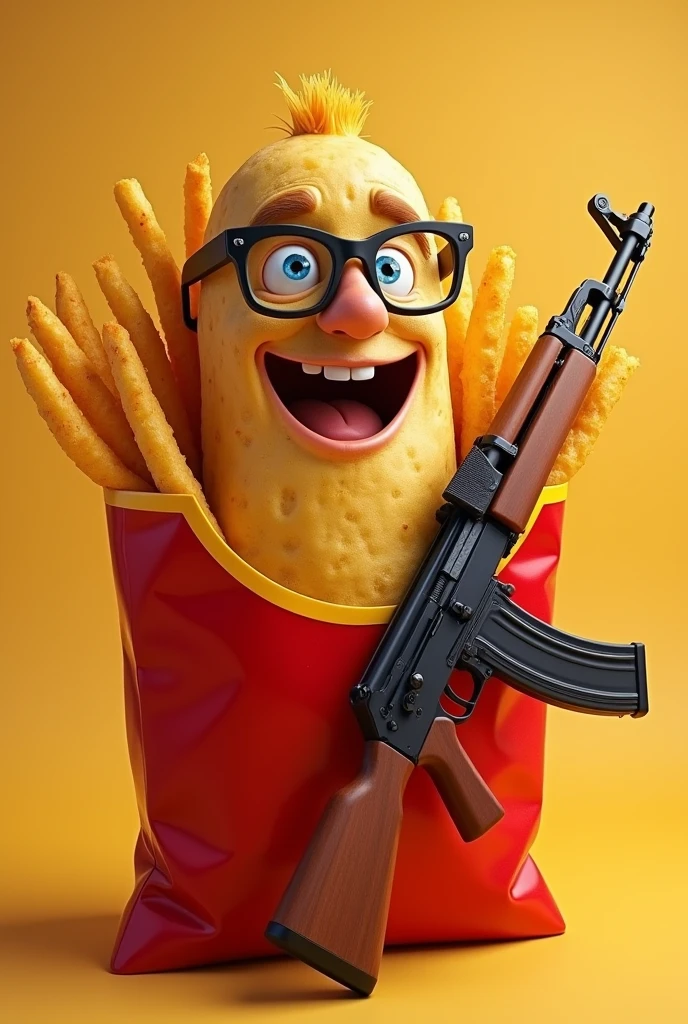 POTATO FRIES CHARACTER, INSIDE THE POTATO FRIES BAG, SMILING WITH HIS FACE IN THE POTATO BAG, WITH AK 47, WITH BLACK GLASSES, EXCITED WITHOUT A PERSON'S FACE ON THE POTATOES