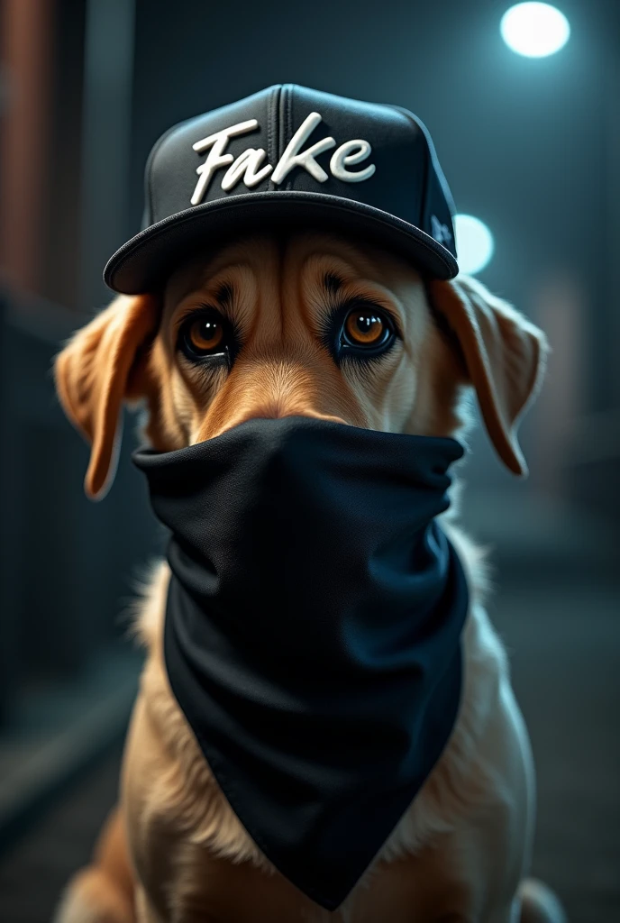 Dog with black bandana on mouth and a cap backwards saying Fake and night background