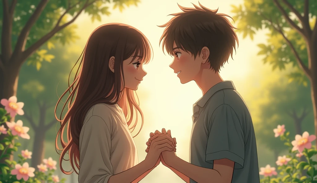 (best quality, masterpiece, ultra detailed, ultra high res, photorealistic, raw photo, absurdres, absolutely resolution), A scene of a teenage Japanese female idol and a teenage Japanese male idol holding hands and smiling.
