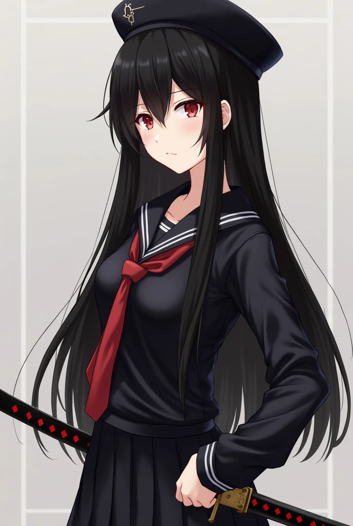woman,Himecut,Straight-Black-hair,Long-hair,black-Japanese-sailor-school-uniform,Red-eyes,black-hat,Sharp-eyes, Striaght,carries a katana strapped to her hip,High school,tall,beautiful,realistic,elegant,badass, adult