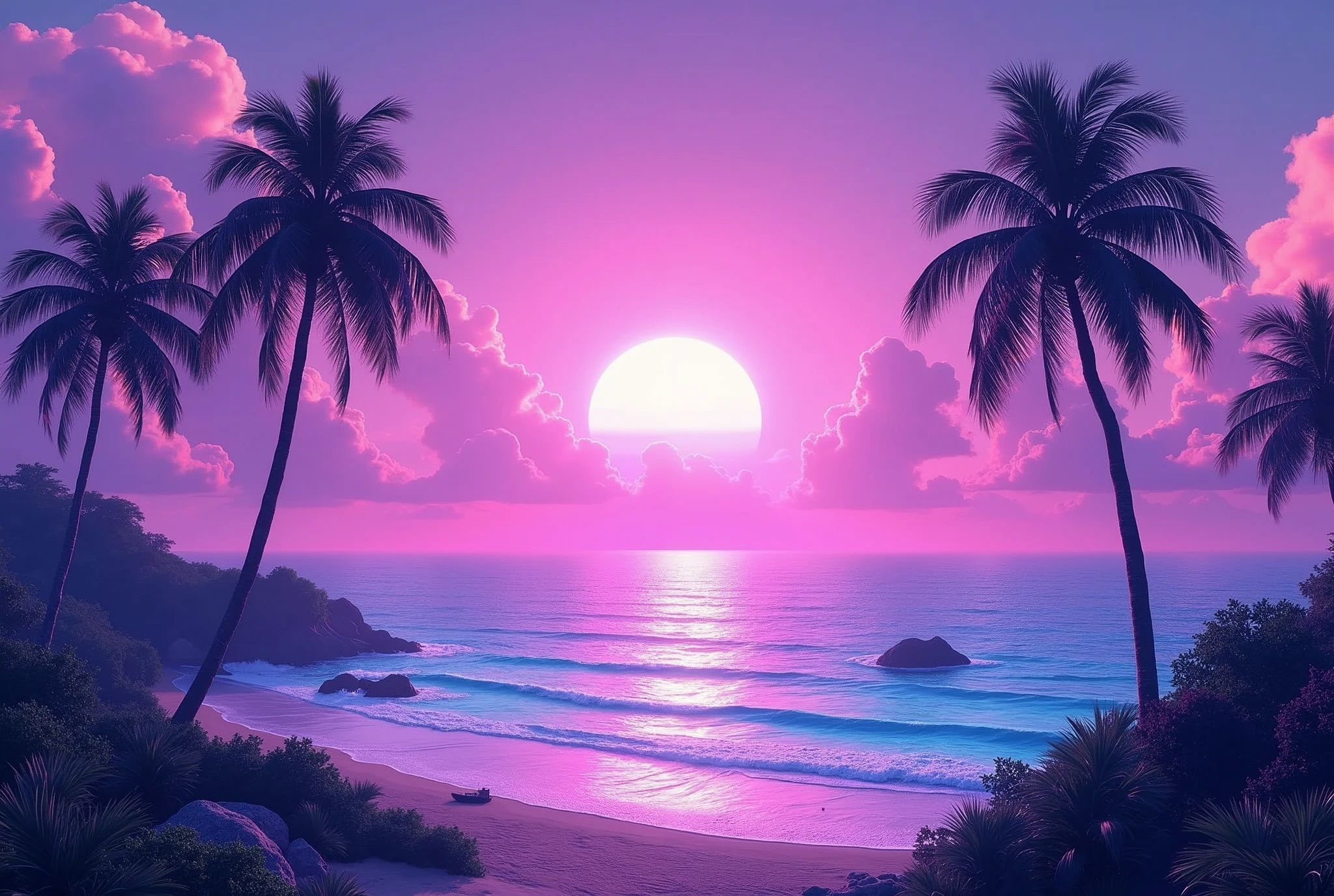 A beautiful vaporwave landscape, palm trees, a serene ocean, a vibrant purple sky with clouds, an island in the distance, a small boat on the water, high quality, ultra-detailed, 8k, hyper-realistic, photorealistic, concept art